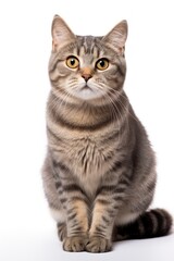 A cat sitting on white background looking at the camera.