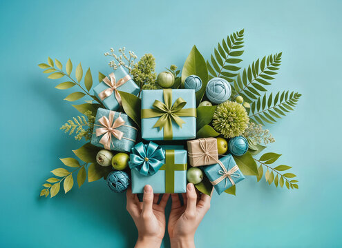 Main tenant une gerbe de cadeaux nature