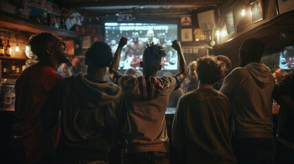 A group of diverse friends in a dimly lit bar, cheering and celebrating while watching a boxing match on a large screen. The atmosphere is energetic and full of excitement