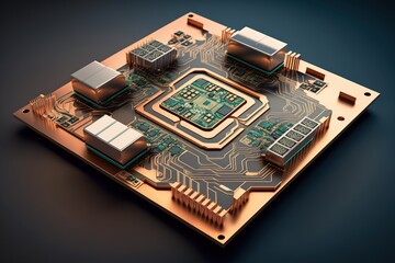 Close-up of a computer chip with copper heatsinks on a circuit board.