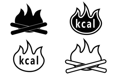 Collection of fire icons symbolizing caloric value of food products. Isolated on transparent background.