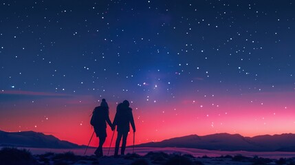 Fototapeta premium Romantic couple trekking under a starry sky.