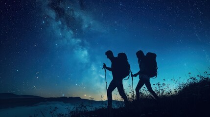 Fototapeta premium Romantic couple trekking under a starry sky.