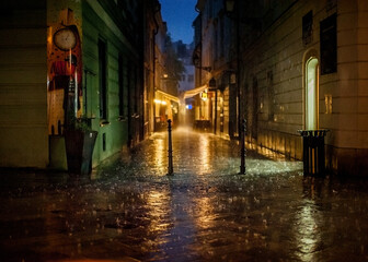 fairy tale cityscape under heavy rain on the stone pavement in old town at night