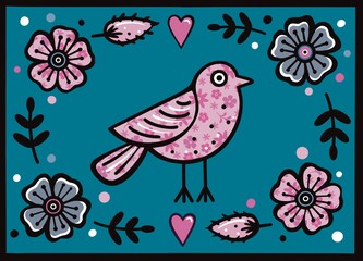 Collage bird illustration with flowers and hearts. Folk art style bird illustration. Line art bird. Naive folk art bird illustration. Floral bird design in a collage art style. Floral patterned border