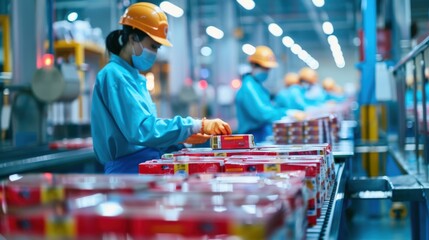Factory workers in blue uniforms and face masks package products on a conveyor belt.