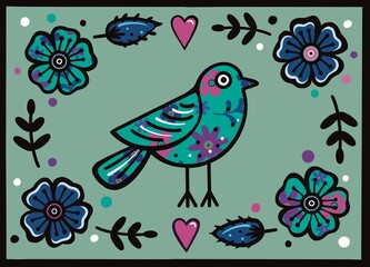 Collage bird illustration with flowers and hearts. Folk art style bird illustration. Line art bird. Naive folk art bird illustration. Floral bird design in a collage art style. Floral patterned border