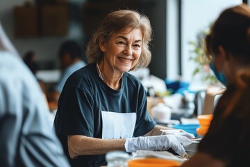 Elderly Woman Smiling While Assisting in Community Kitchen During Busy Lunchtime Service