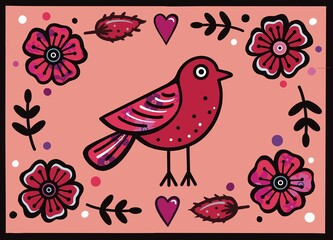 Collage bird illustration with flowers and hearts. Folk art style bird illustration. Line art bird. Naive folk art bird illustration. Floral bird design in a collage art style. Floral patterned border