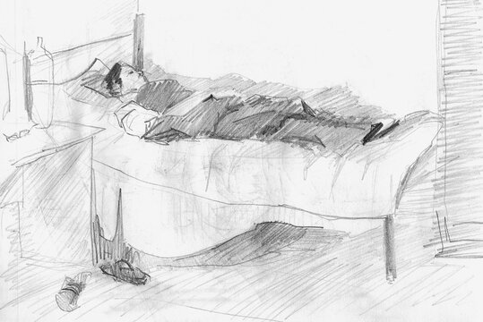 Woman lying on bed pencil sketch concept of illness. Hospital bed old woman lies after operation medical intervention. Water bottle near sick man resting sleeping lady on bed covered with blanket