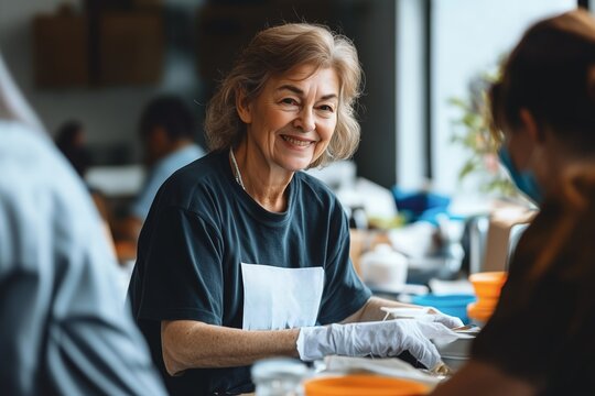 Elderly Woman Smiling While Assisting in Community Kitchen During Busy Lunchtime Service