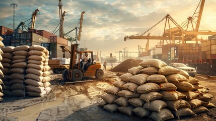 Forklift loading cargo sacks at a busy shipping port with cranes and containers in the background.  The sun setting creates a warm glow over the scene.
