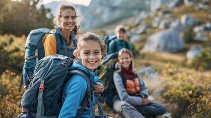Smiling family stopping for a rest during a hike.