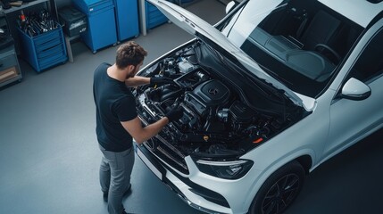 Under the hood. A car mechanic working on the engine of a white car in a modern workshop, car repairs concept, top view.