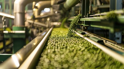 Green beans move along a conveyor belt in a food processing plant.