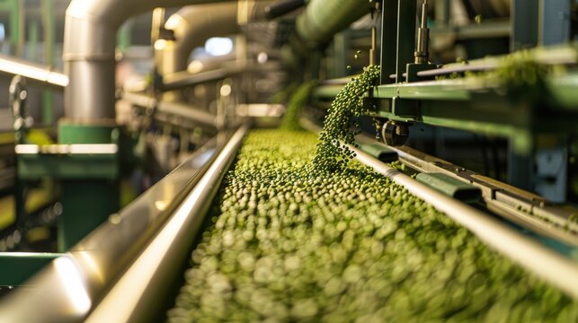 Green beans move along a conveyor belt in a food processing plant.
