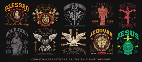 Christian Streetwear Vector T-shirt Design Bundle, Faith Graphic T shirt Set. Jesus T shirt Design for Print on Demand, Brutalism Design Set. Urban T-shirt Design