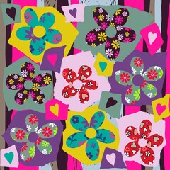 Collage flower design. Floral collage design. Flowers cut out from patterned papers and placed on torn paper shapes. Heart shapes, Striped background. Colourful floral patchwork art. Mixed me