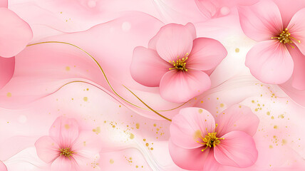 Delicate floral pink background with pink flowers and gold splashes. Soft flowing shapes, thin lines. Seamless pattern.