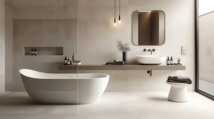 Fototapeta premium Minimalist bathroom with freestanding tub, sleek sink, and large window. Neutral color palette creates a calm and sophisticated atmosphere.