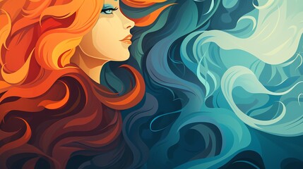 Abstract portrait of a woman with red hair and blue eyes, with swirling blue and white smoke behind her.