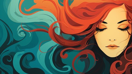 Abstract illustration of a woman with flowing red hair and closed eyes.
