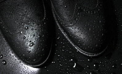 Black leather brogue boots in water droplets