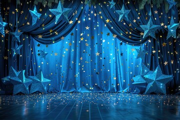 A blue curtain with stars hanging from it