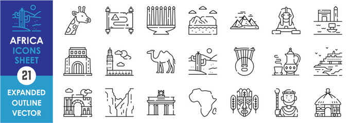 Naklejka premium A set of line icons related to Africa. African, culture, country, design, Morocco, Egypt, desert, wildlife, nomeids, camel, culture, and so on. Vector outline icons set.