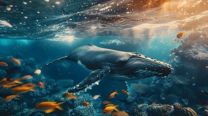 Fototapeta premium Majestic Humpback Whale Swims Alongside School of Fish in Harmonious Underwater Scene