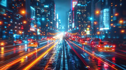Obraz premium Blurred car traffic at night, city lights, bokeh, long exposure.