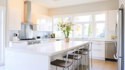 Modern kitchen with white cabinets, a large island, and a stainless steel range hood. Natural light streams in from the windows.