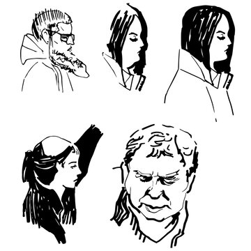 Set Clip art Line portraits sketch people different ege old young overweight ink stain caricature cartoon drawing face profile anfas full face head sitting figure old man glass aged woman lady hat