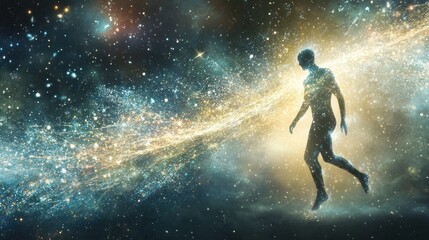 Naklejka premium Silhouette Walking Through a Starry Galaxy