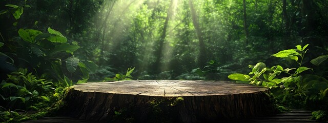 A wooden podium in the center of an outdoor forest with sunlight shining through the trees, surrounded by lush greenery and rocks