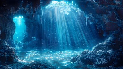 Mystical Underwater Cave with Glowing Crystals and Exploring Marine Life in Hidden Depths