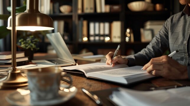 Person writing in a journal at a desk with a cup of coffee, lamp and books.