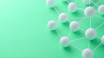 Obraz premium Abstract 3D molecular structure with connected white spheres on a mint green background. Concept of science, technology, and connectivity.