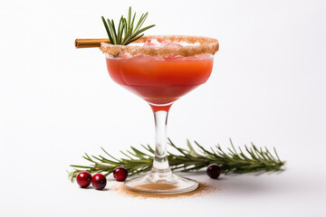 Winter margarita alcoholic cocktail with coconut milk, cranberry and rosemary on white, copy space