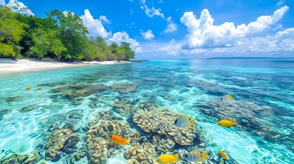 Breathtaking Tropical Beach with Crystal Clear Turquoise Waters and Vibrant Coral Reef Ecosystem