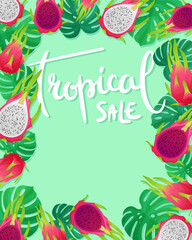 Exotic tropical fruits, half of white, pink pitaya, dragon fruit on green background with trendy calligraphy. Vector illustration for postcard, banner, web, advertising, design, arts