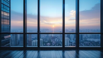 Fototapeta premium Office window with a view of the city skyline.