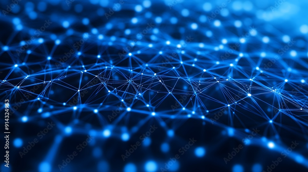 Poster abstract blue digital network structure with glowing connections and nodes, representing data flow a
