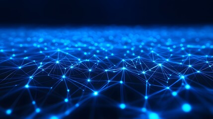 Fototapeta premium Abstract blue glowing network lines and nodes technology background, representing data transfer and digital connectivity.