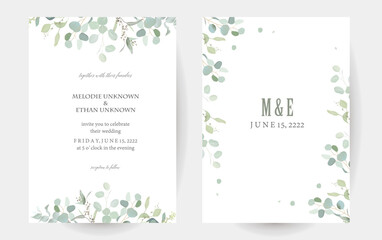 Herbal eucalyptus selection vector frames. Hand painted branches, leaves on white background. Greenery wedding simple minimalist invitations. Watercolor style cards. Elements are isolated and editable