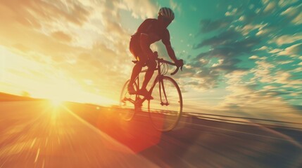 Obraz premium Silhouette of a cyclist riding on a road at sunset. The sun shines through the clouds, casting a warm glow on the scene.