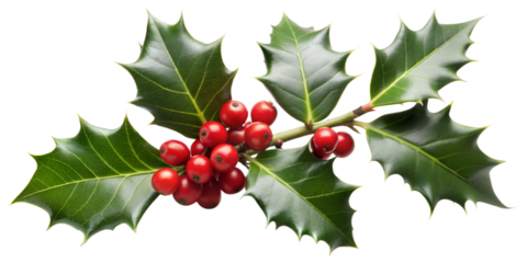 Lush holly branch with berries, isolated transparent background