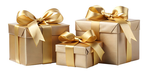 Elegant gold Christmas presents with bows, cut out transparent