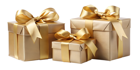 Elegant gold Christmas presents with bows, cut out transparent