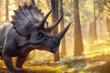 Fototapeta premium Dinosaur Prehistoric Majesty: Triceratops in the Golden Forest. Digital Illustration. 